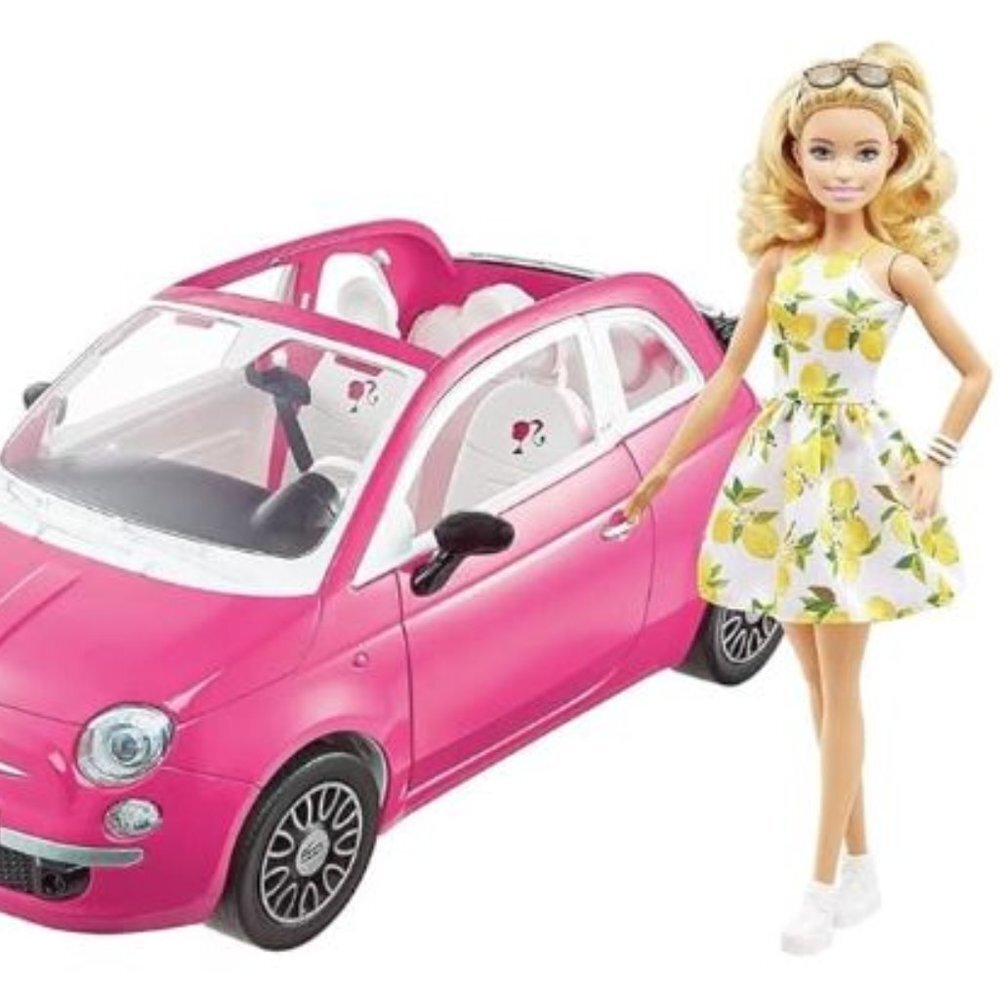 Barbie Fiat 500 Doll and Vehicle Pink Car Playset Travel Lemon Dress Girls Kids